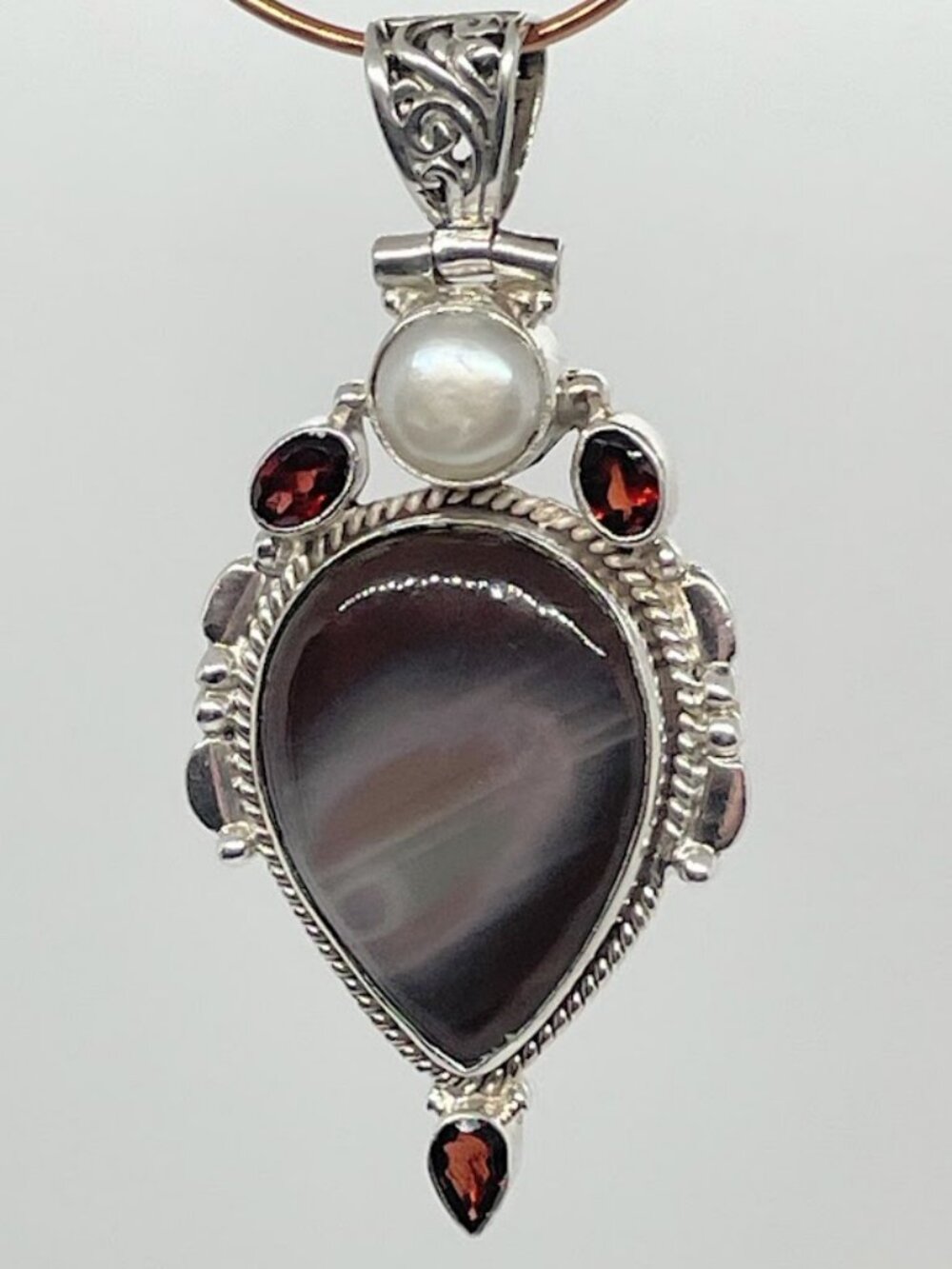 Brown Purple Agate Pendant with Biwa Pearl and Garnets in Silver